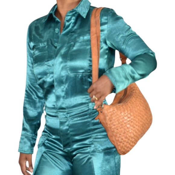 Vilenca Leather Bag Brown Woven Leather Adjustable Shoulder Curved Braided - Picture 5 of 16